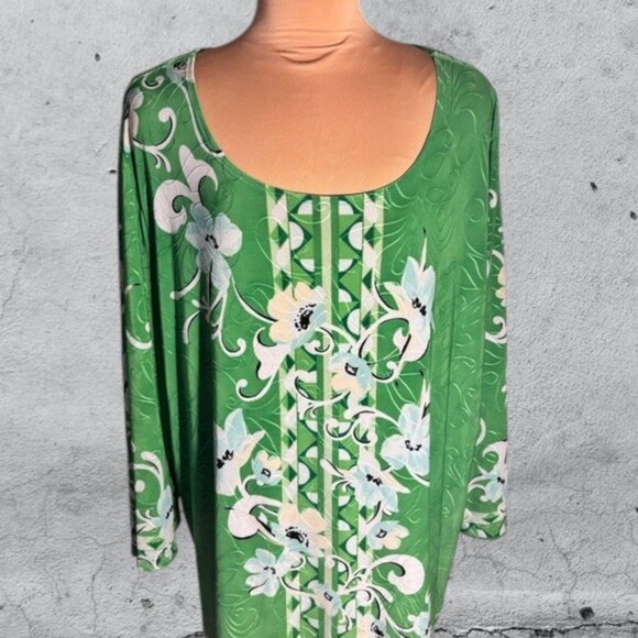 JM Collection Spring Green Print Scoop neck 3/4 Slv Top 4X - Picture 1 of 11